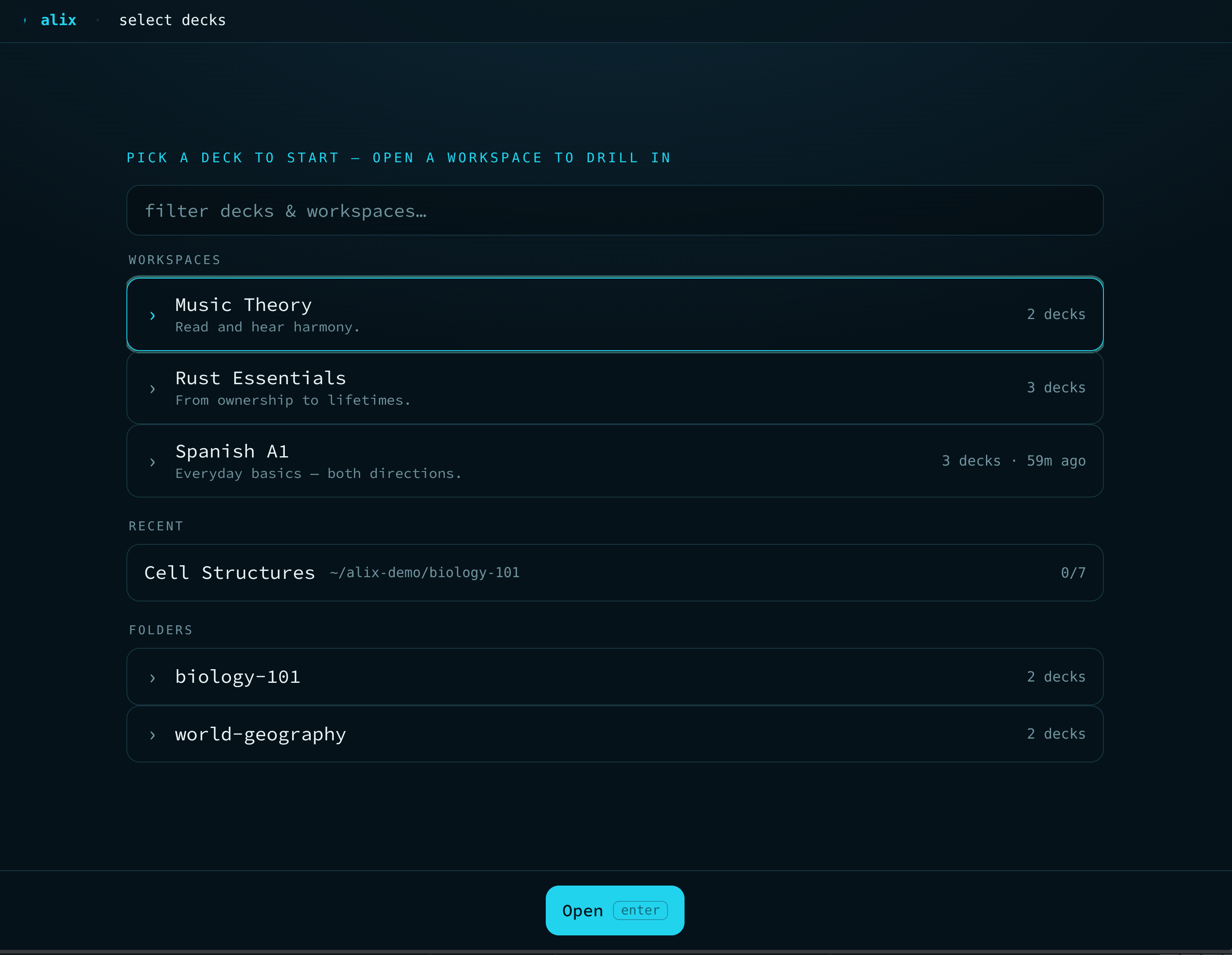 alix deck picker — workspaces, folders, and what's due