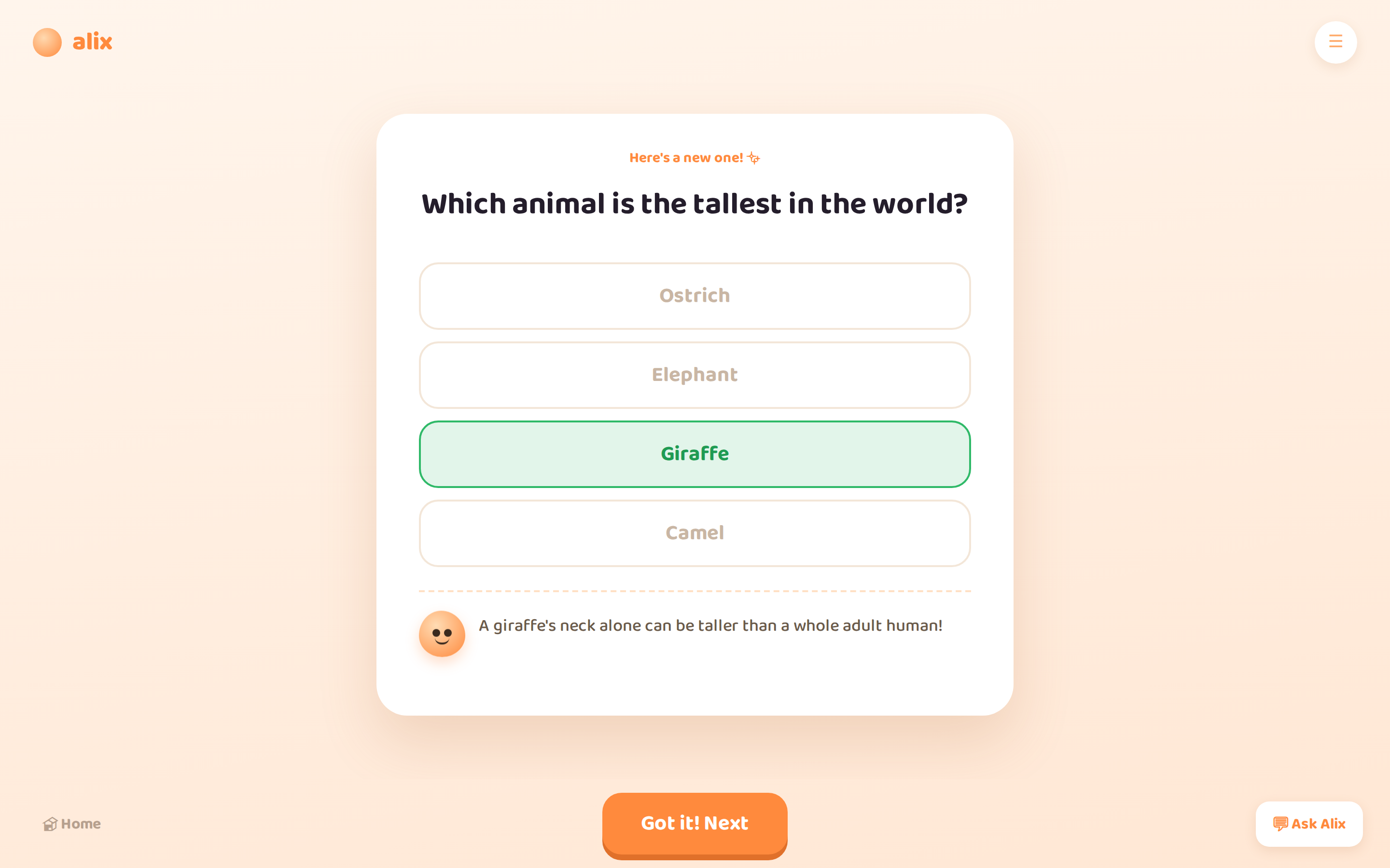 The kids client: tap-the-answer review with the mascot