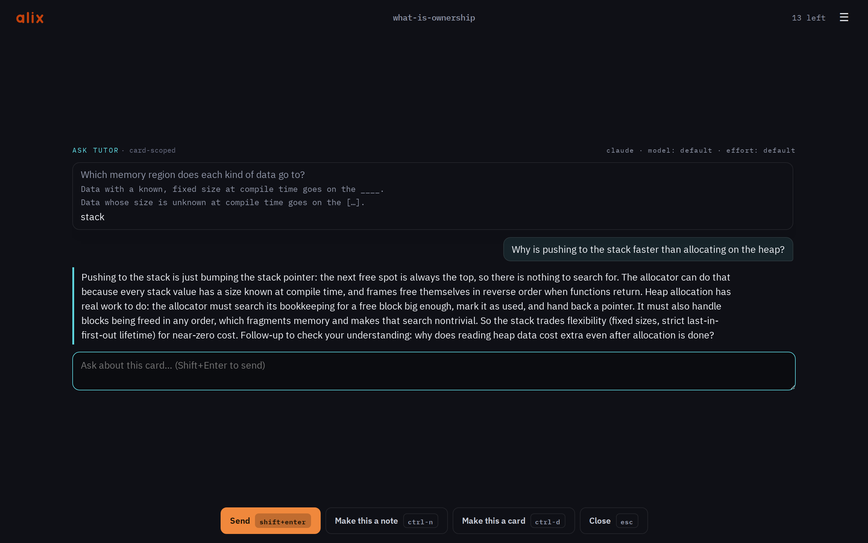 The AI tutor explaining a card, grounded in the source excerpt