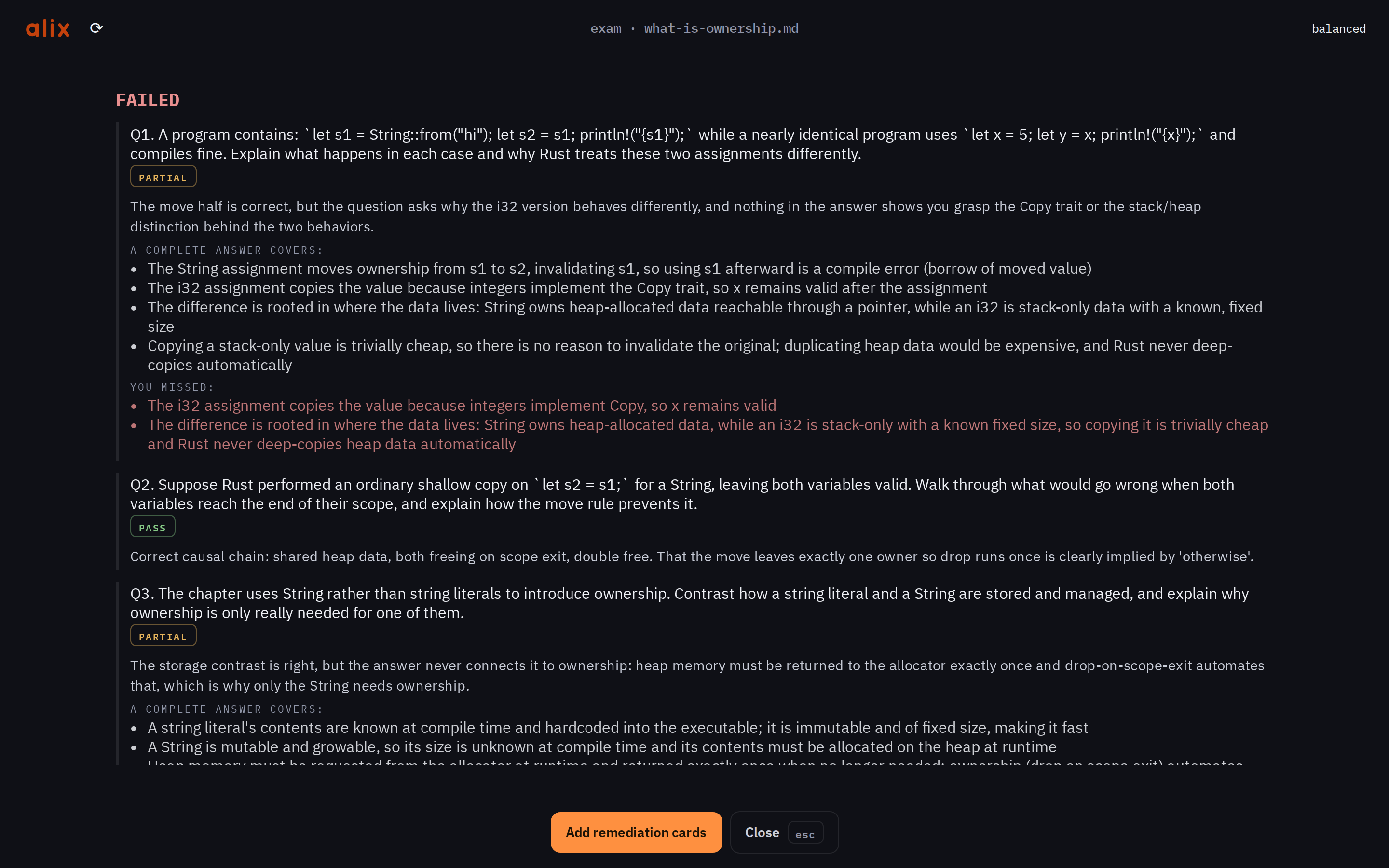 The AI exam grading a typed answer against the deck's source
