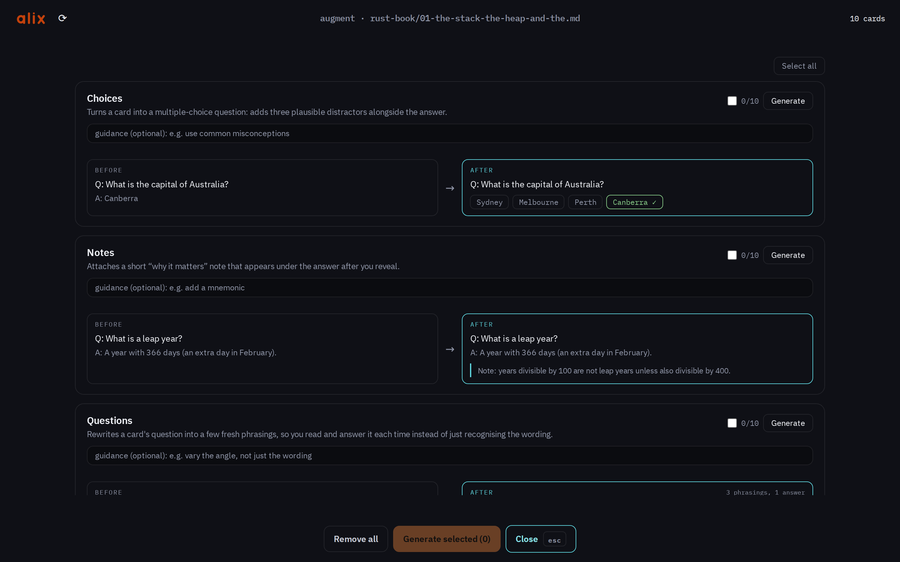 The Augment screen: enrichment targets with guidance fields and before-and-after previews