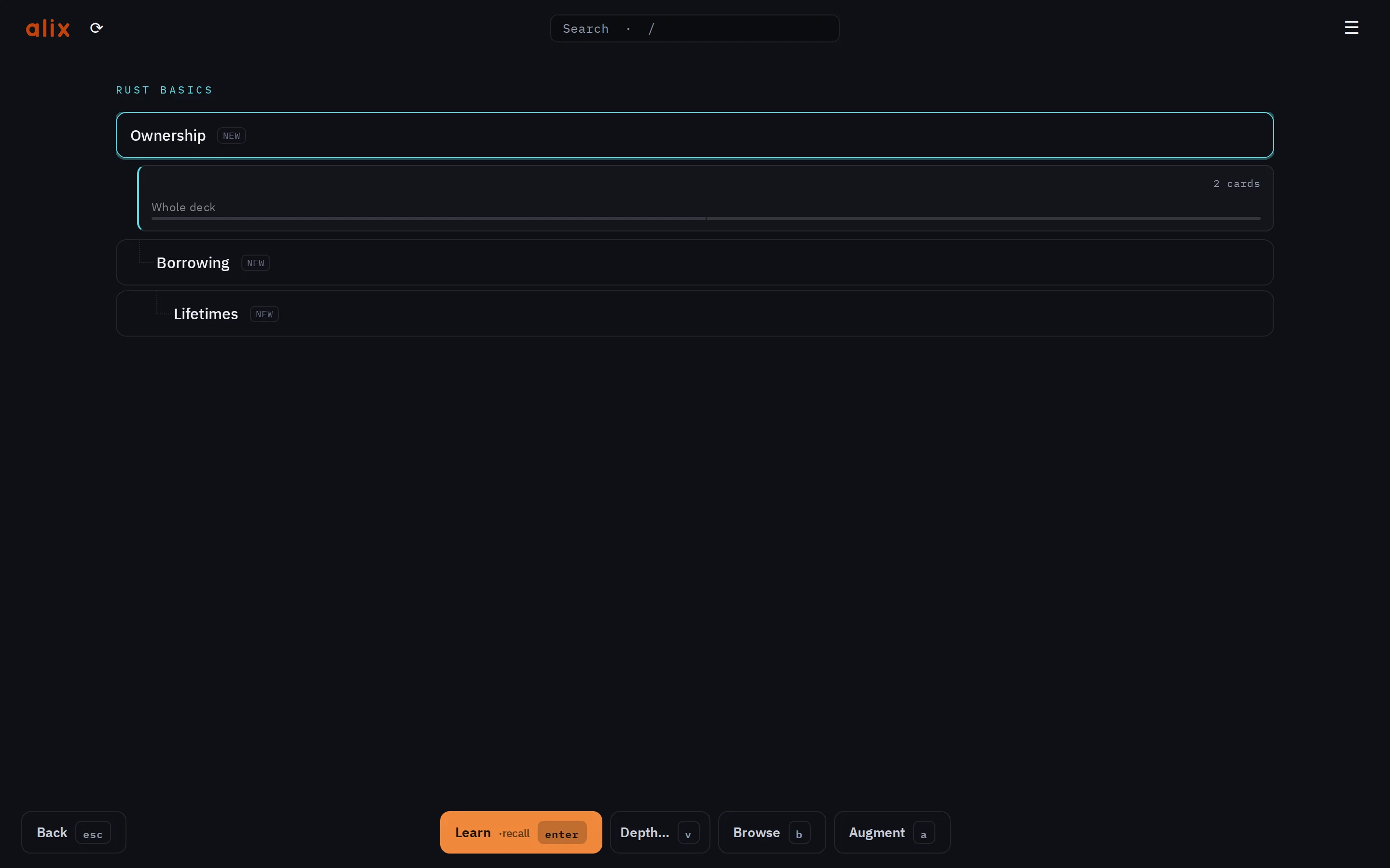 the alix picker drilled into a workspace: its decks as a dependency tree